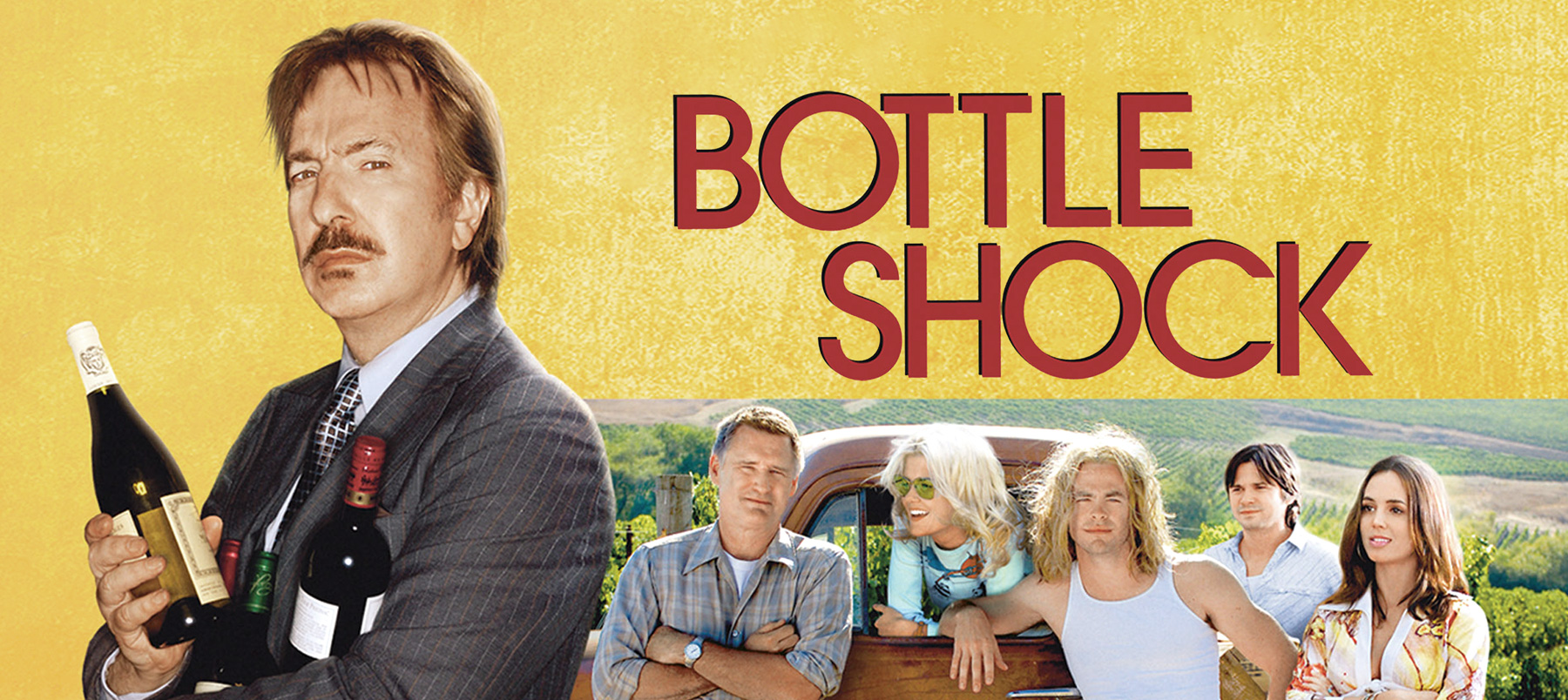 Plakat filmu „Bottle Shock” inspirowanego degustacją Judgement of Paris 1976 – Alan Rickman jako Steven Spurrier.