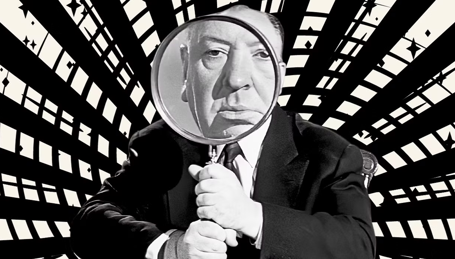 Alfred Hitchcock z lupą jako nawiązanie do szampana w kinie